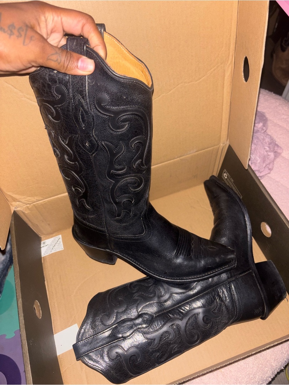 Old West Black Leather Western Cowboy Boots - Picture 4 of 8